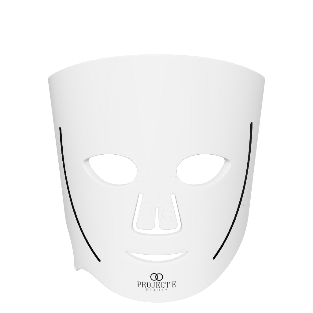 3D model of the white LumaLux Face LED mask, showing its contoured face panel